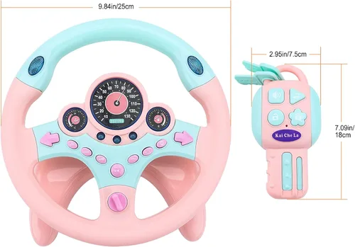 Miniatura 7 de deAO Volante para niños para asiento trasero con llave, juguetes para bebés, pretender conducir, juguete de volante simulado con luz y música, Rosa