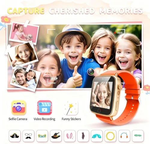 Miniatura 3 de Relojes para niñas de 4 a 12 años, reloj inteligente naranja para niños con cámara, 26 juegos de rompecabezas, reloj despertador, podómetro