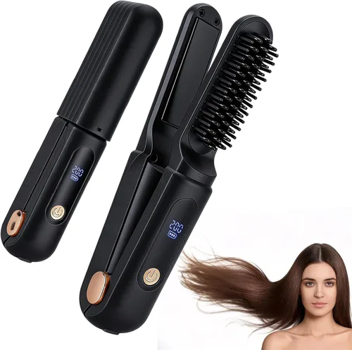 Cepillo alisador de pelo inalámbrico, alisador de pelo portátil de viaje, mini plancha plana recargable 2 en 1 y cepillo alisador de cabello con