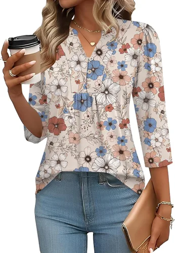 Miniatura 6 de IECCP Blusas de verano de manga 3/4 para mujer, estilo casual, cuello Henley, cuello en V, plisadas, ajuste holgado, blusas de trabajo