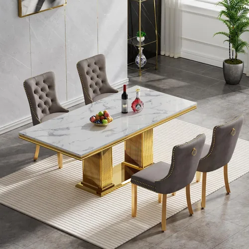 Miniatura 2 de Juego de mesa de comedor de 5 piezas, moderno juego de mesa de comedor para 4, 70 pulgadas, juego de mesa de comedor de mármol sintético blanco