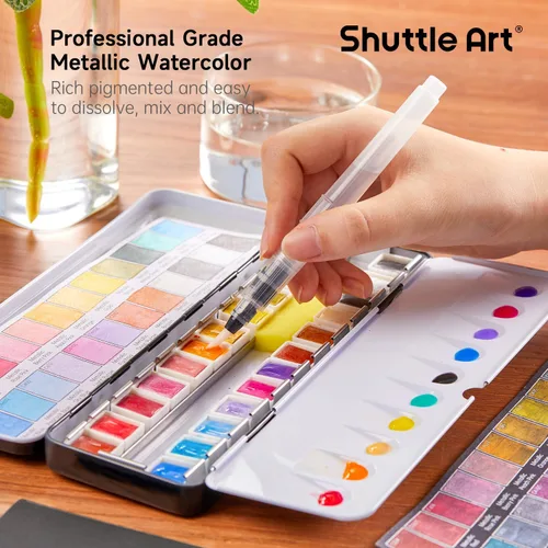 Miniatura 7 de Shuttle Art - Pinturas de acuarela metálicas, 24 colores de pintura de acuarela con purpurina en medias sartenes con pincel de agua, almohadilla