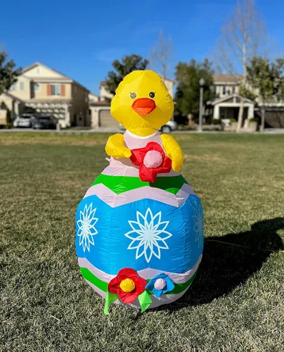 Miniatura 3 de Pollito amarillo inflable de Pascua de 4 pies de alto con flor roja y huevo azul, luces LED preiluminadas, para exteriores, interiores, vacaciones