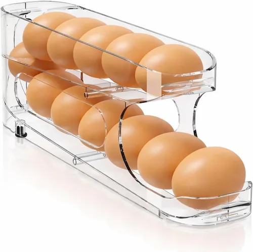 Sotfamily Soporte para huevos para refrigerador, organizador de almacenamiento de huevos con ruedas automáticas para refrigerador, recipiente de