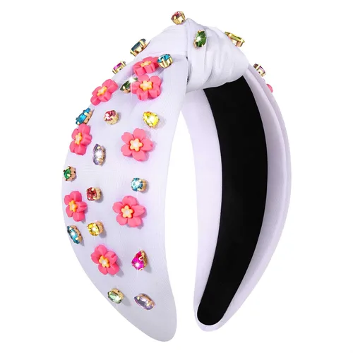 Miniatura 8 de Diademas anudadas con perlas para mujer, diademas de flores impresas con diamantes de imitación, diademas anudadas de cristal, cuentas brillantes