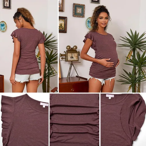 Miniatura 5 de Bhome Blusa de maternidad con mangas cortas voladoras para embarazadas, blusa casual para embarazadas, túnica de embarazo