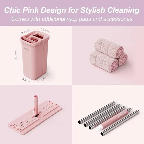 Miniatura 8 de JOYMOOP Juego de trapeador y cubeta rosa con escurridor para el hogar, con 3 almohadillas de microfibra reutilizables, sistema de autolimpieza sin