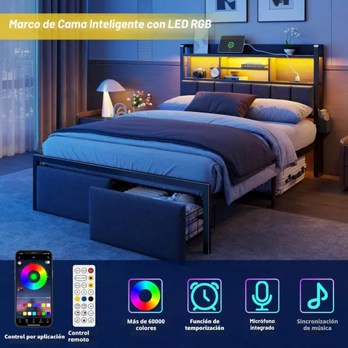 Miniatura 8 de Furnulem Marco de Cama Tamaño Full con Cabecera Tapizada, Marco de Cama Full con Cajones de Almacenamiento, Estación de Carga y Luces LED