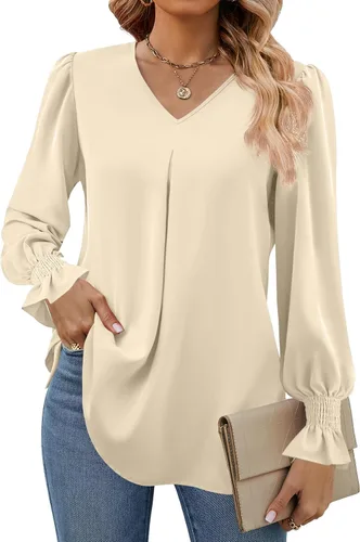 Miniatura 30 de Funlingo Blusas de mujer con mangas largas 2025, elegantes y casuales, con cuello en V, túnica suelta de gasa para el trabajo