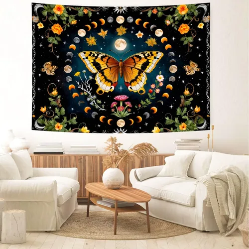 Miniatura 5 de Delur Tapiz de mariposa y luna, flores, botánico, floral, bohemio, tapiz para colgar en la pared, mandala estético, hongo, retro, vintage, cabecero