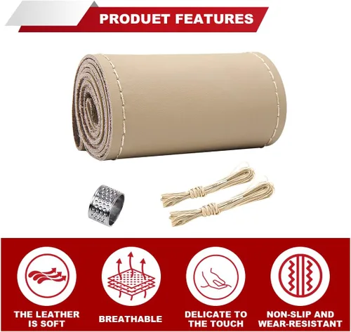 Miniatura 3 de ZIMISI Funda para Volante de Cuero Genuino, Envoltura de Costura Antideslizante y Transpirable para Coche, Costura DIY con Hilo y Aguja, Funda