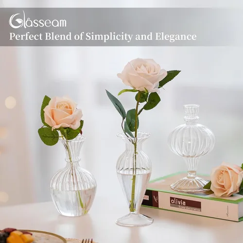 Miniatura 6 de Glasseam Jarrones pequeños de cristal: juego de 3 jarrones transparentes acanalados para flores de rosas individuales, mini centros de mesa modernos