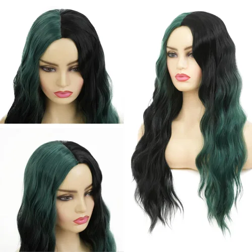 Miniatura 2 de Swiking Pelucas largas de color verde y negro para mujer, pelucas de cabello ondulado natural ombré verde sintético de fibra suave para fiesta