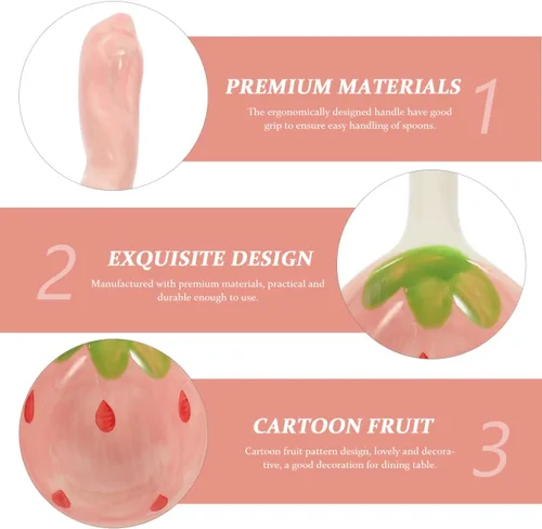 Miniatura 5 de Housoutil Juego de 2 cucharas de cerámica de fresa de mango largo con patrón de frutas para café, té, yogur, helado, cubiertos de cocina