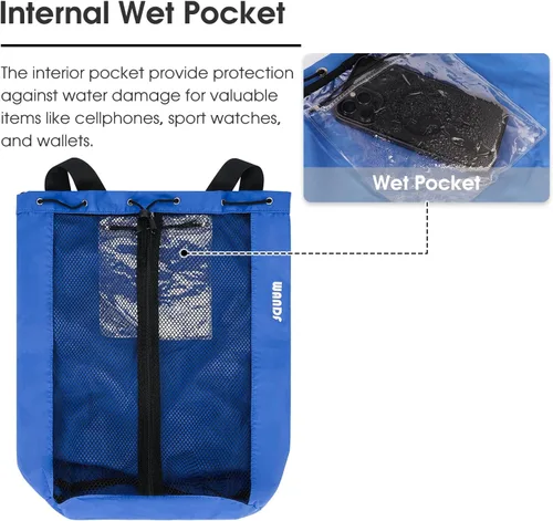 Miniatura 3 de WANDF Bolsa de Natación Mochila de Malla con Cordón Mochila de Playa para Natación, Gimnasio y Equipo de Entrenamiento Azul marino con bolsillo