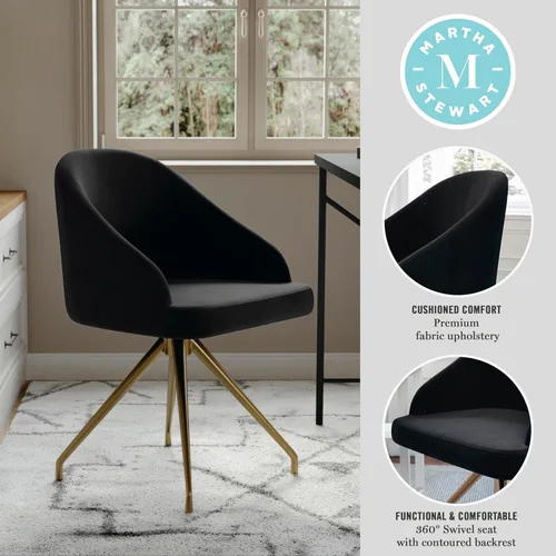 Miniatura 4 de Martha Stewart Sora Silla de Trabajo Giratoria Fija con Brazos Inclinados para Oficina en Casa en Terciopelo Negro con Marco de Latón Pulido