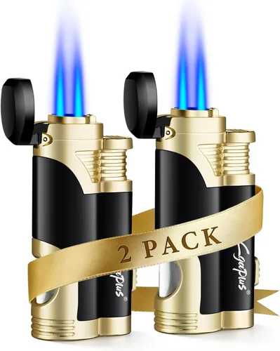 Miniatura 10 de GUEVARA Encendedor de Antorcha de Butano con Punzón a Prueba de Viento de Doble Chorro (Negro-Dorado) Dual jet flame, windproof, butane refillable