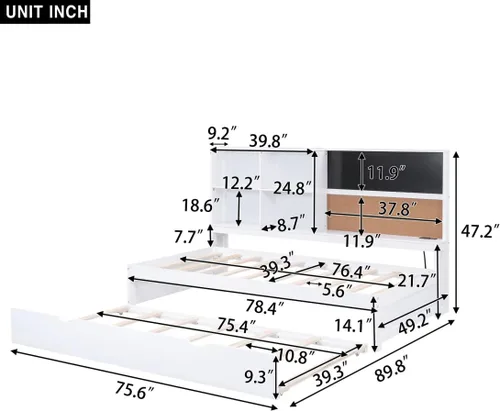 Miniatura 2 de Sofá cama de tamaño individual con nido y estantería, pizarra, tablero de corcho, sofá cama con estación de carga, puertos USB, color blanco Blanco-t