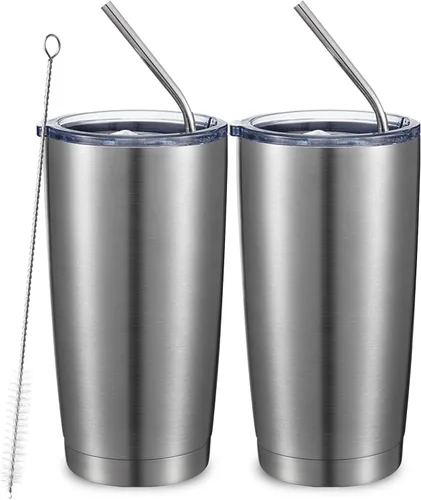 Miniatura 68 de COMOOO Taza de viaje de acero inoxidable de doble pared aislada al vacío de 20 onzas con tapa y pajita, taza de café aislada con recubrimiento