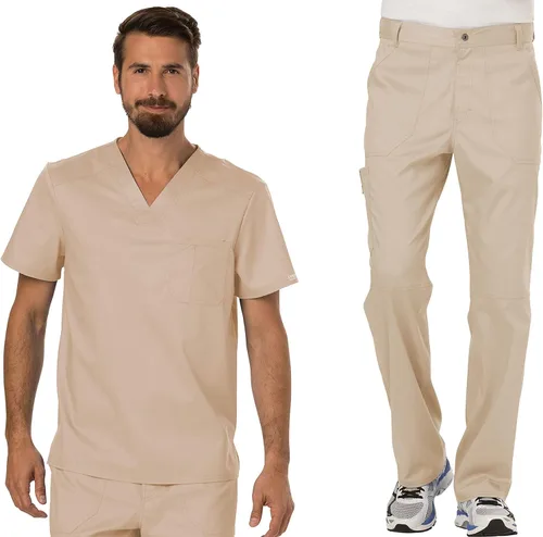 Cherokee Conjunto de ropa quirúrgica Workwear Revolution WW690 con camiseta con cuello en V y pantalón delantero WW140, color caqui, parte superior