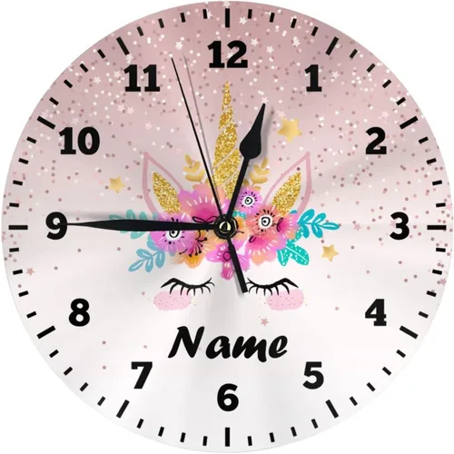 Reloj de pared personalizado con diseño de unicornio y rosa con purpurina para habitación de los niños, reloj de pared personalizado con nombre de