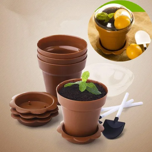 Miniatura 4 de Housoutil Macetas de postre, paquete de 20 con tapas, mini cucharas de pala y bandeja inferior de plástico para tartas de suciedad, helado, yogur