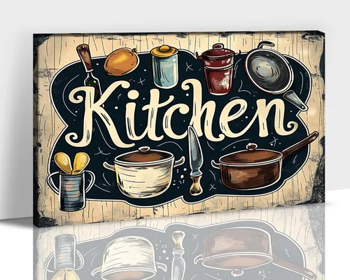 Arte de pared de cocina de granja, letrero de cocina negro, decoración de pared de utensilios de cocina rústicos vintage, cuadros impresos en