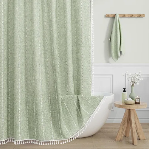 MitoVilla - Cortina de ducha boho verde salvia para decoración de baño vintage rústico, cortina de ducha moderna de poliéster y lino de estilo