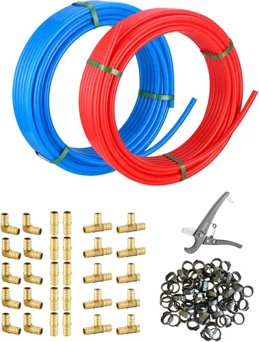 EFIELD Tubo Pex-b de 1/2 pulgada, 2 x 100 pies (200 pies), 30 piezas de accesorios de latón Pex de 1/2 pulgada, 100 abrazaderas de cincha de 1/2