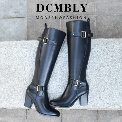 Miniatura 5 de DCMBLY Women's Knee High Boots Chunky Heel Pointed Toe Knee High Boots with Elastic Calf
