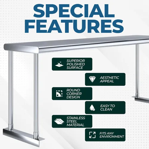 Miniatura 5 de Estante individual de acero inoxidable para mesa de preparación de 30 pulgadas, 12 pulgadas de profundidad, certificado NSF, estante adicional