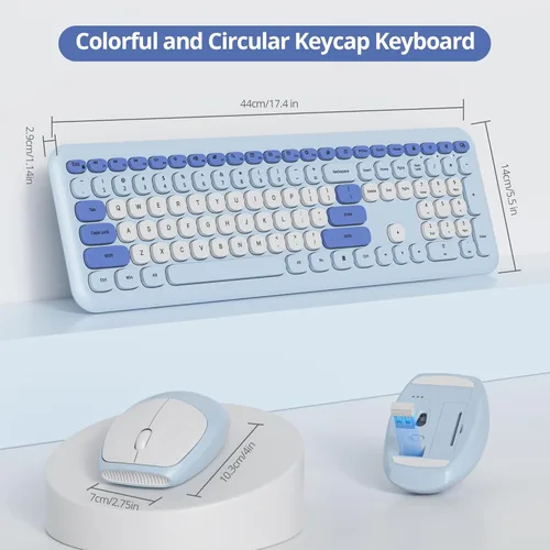 Miniatura 4 de Combo de teclado y mouse inalámbricos de 104 teclas, tamaño completo, color azul con teclas redondas silenciosas, ideal para portátiles y Azul blanco