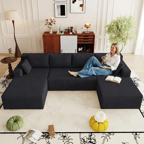 Miniatura 42 de Sofá modular Cloud de 95 pulgadas con otomana, moderno sofá nube en forma de U con asiento profundo, cómodo sofá de pana de 3 plazas, sofá de espuma