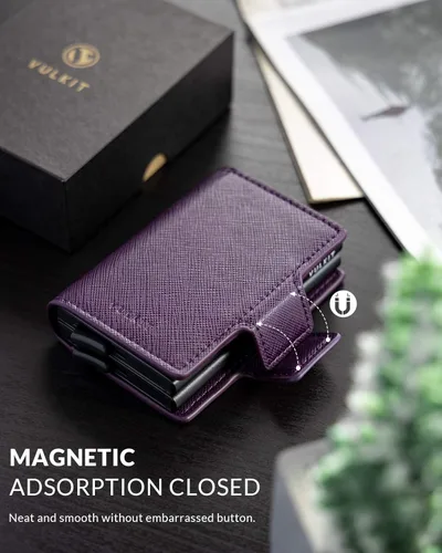 Miniatura 5 de VULKIT Tarjetero de crédito con bloqueo RFID de cuero automático billetera desplegable delgada con clip para dinero funda doble para tarjetas