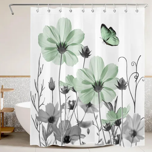Miniatura 25 de LB Juego de cortinas de ducha de mariposa y flores con alfombras, margaritas y morado lavanda, hojas de eucalipto, cortina de ducha verde