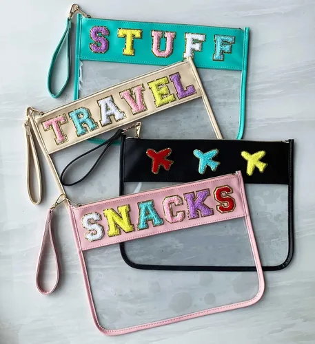 Miniatura 6 de TopTTanBo Bolsa transparente de chenilla con letras, multiusos, transparente, impermeable, para aperitivos, maquillaje, con correa para la muñeca