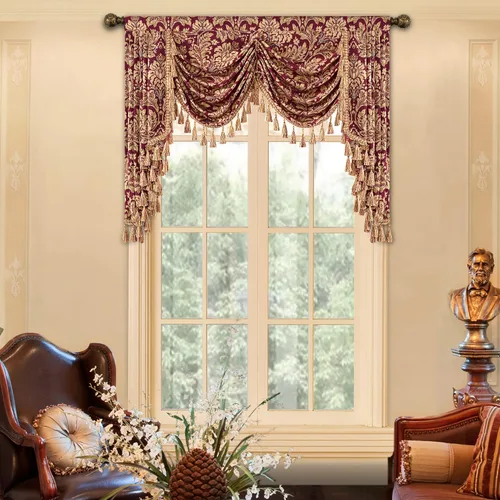 Miniatura 12 de Loom and Mill Cenefa de cascada de lujo de jacquard para sala de estar, elegantes cenefas de ventana con festones y cuentas damascadas, cortinas