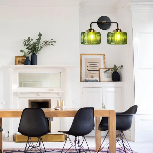 Miniatura 5 de Lámparas de baño de mediados de siglo, aplique de pared de 2 luces con pantalla de vidrio con rayas verdes, luz de montaje en pared, luces modernas