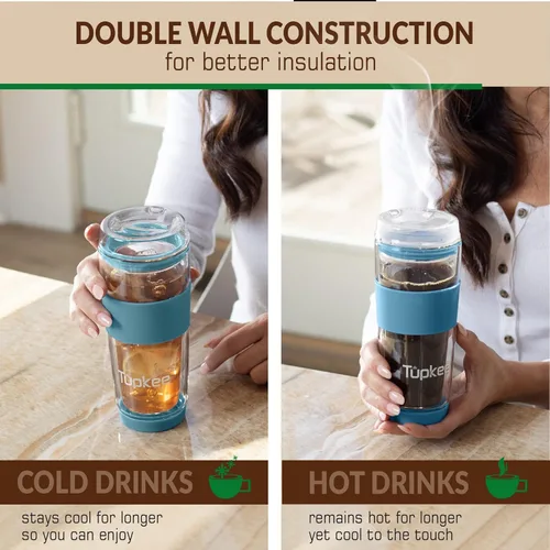 Miniatura 6 de Vaso de vidrio de doble pared, 14 onzas, vaso reutilizable aislado de vidrio para té/café con tapa, soplado a mano, taza de viaje - Niagara