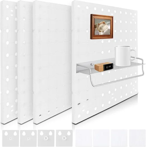 Organizador de pared de tablero de clavijas blanco, 4 piezas, tablero de clavijas autoadhesivas, kits de panel de pared, almacenamiento para sala de