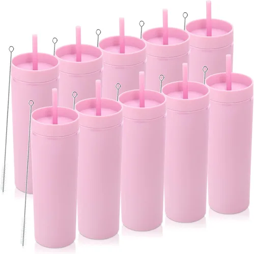 Miniatura 29 de Volhoply Paquete a granel de 4 vasos delgados de plástico de 20 onzas, vaso de doble pared con tapa y popote, taza reutilizable de viaje para café