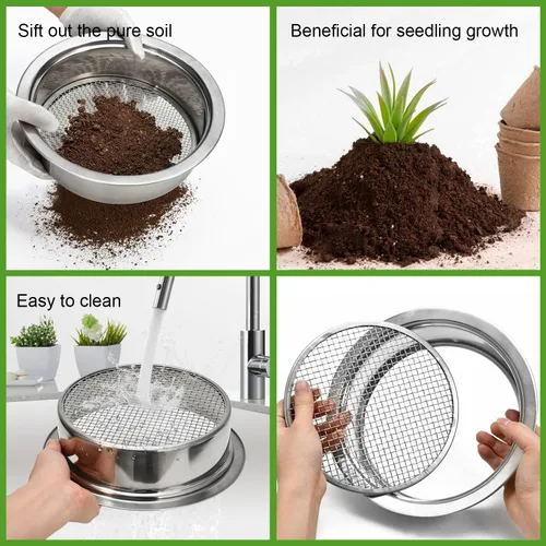 Miniatura 5 de Juego de tamiz de suelo de acero inoxidable, juego de tamiz de jardín con 3 mallas intercambiables de 1,3,5mm, pantalla de tamizado para suciedad