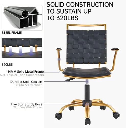 Miniatura 5 de Silla de oficina moderna de cuero, color dorado y negro, bonita silla de conferencias con respaldo medio con ruedas y brazos, cómoda silla giratoria