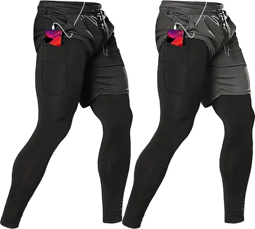 OEBLD Pantalones deportivos 2 en 1 para hombre, de secado rápido, pantalones cortos de entrenamiento para gimnasio, pantalones de compresión con