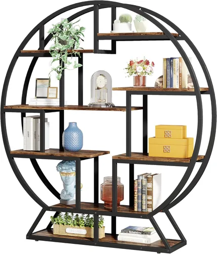 Miniatura 8 de Tribesigns Estantería redonda Etagere, estantería de madera industrial de 63 pulgadas con estantes escalonados, estante organizador de estantes Gris