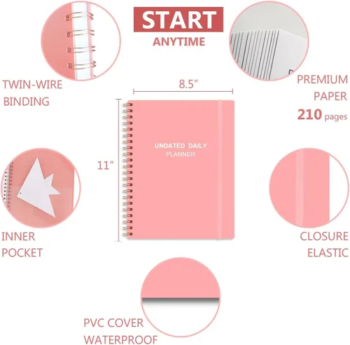 Miniatura 2 de Agenda diaria sin fecha: agenda sin fecha con horarios, artículos de acción y seguimiento, cuaderno organizador diario A4 para aumentar la Rosado