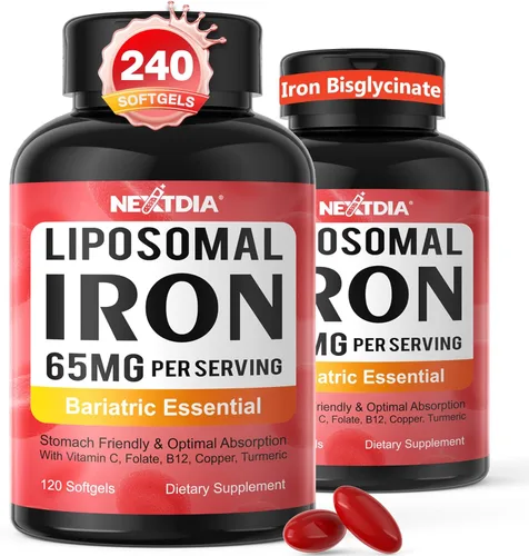 Hierro bariátrico liposomal de 65 mg + vitamina C, folato, B12, cobre, cúrcuma, no estreñimiento, apto para el estómago, suplemento de hierro