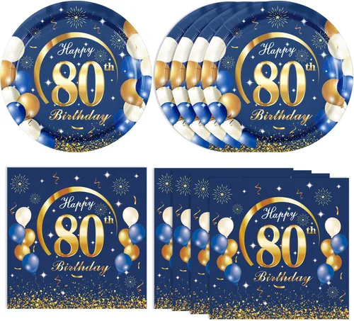 Miniatura 10 de 40 piezas de decoración para el 70 cumpleaños de hombres, azul marino y dorado, decoración de fiesta de cumpleaños feliz, incluye platos