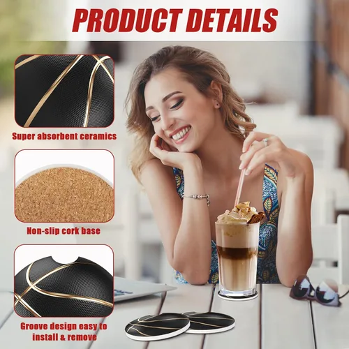 Miniatura 3 de Portavasos negros de baloncesto para automóvil, posavasos de cerámica absorbente para amantes de las bolas, accesorios de automóvil para mujeres