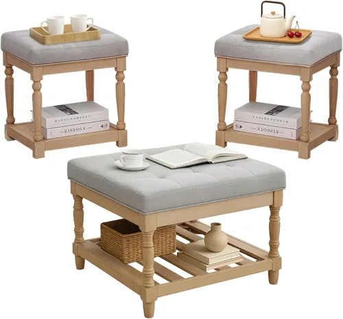 Miniatura 10 de UEV Juego de 3 mesas de café otomanas, juego de mesa de madera para sala de estar, incluye 2 mesas auxiliares tapizadas, mesita de noche, patas